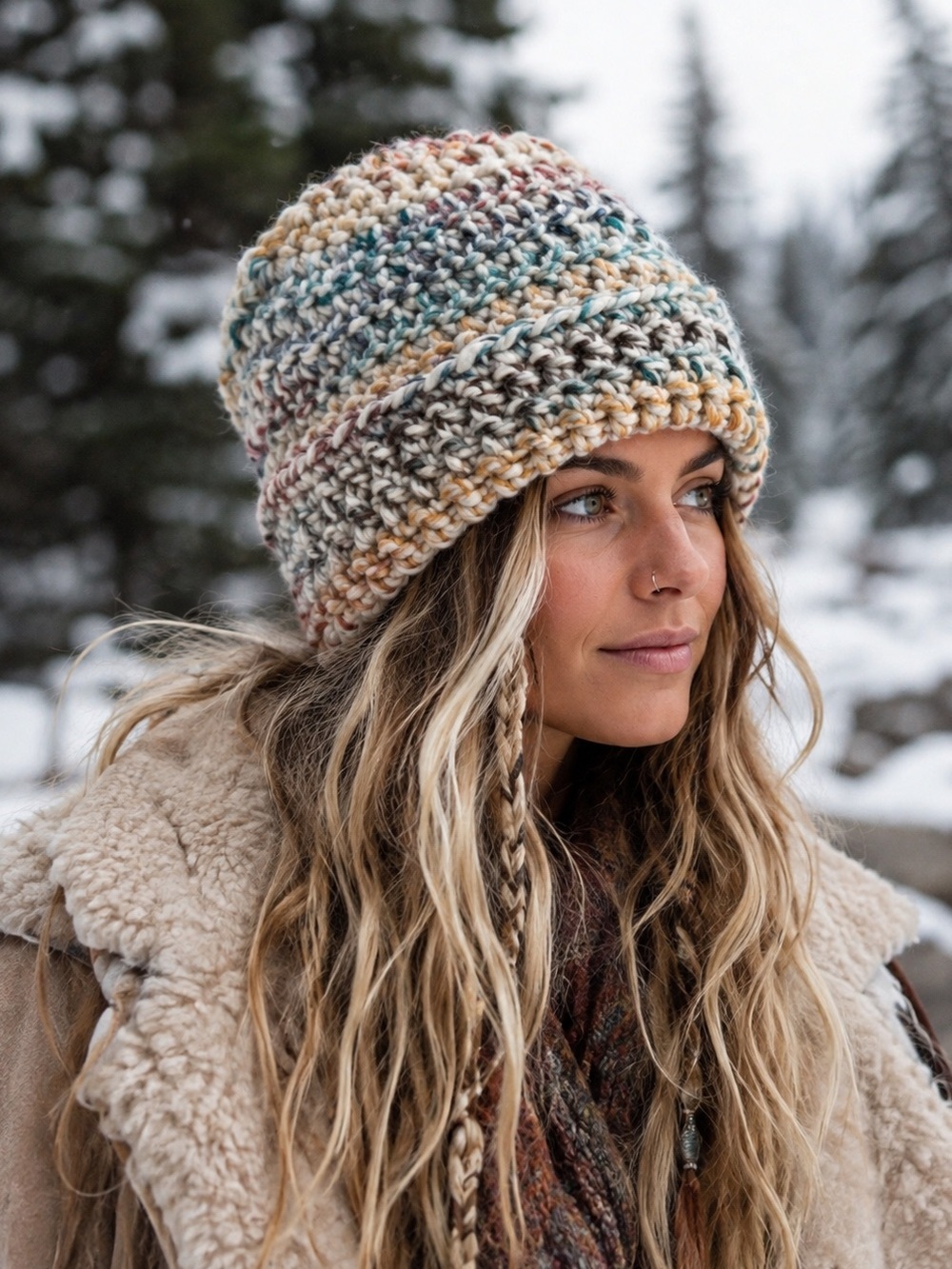 HAND CRAFTED Multicolor Crochet Chunky Beanie Ivory Teal Red Blue
